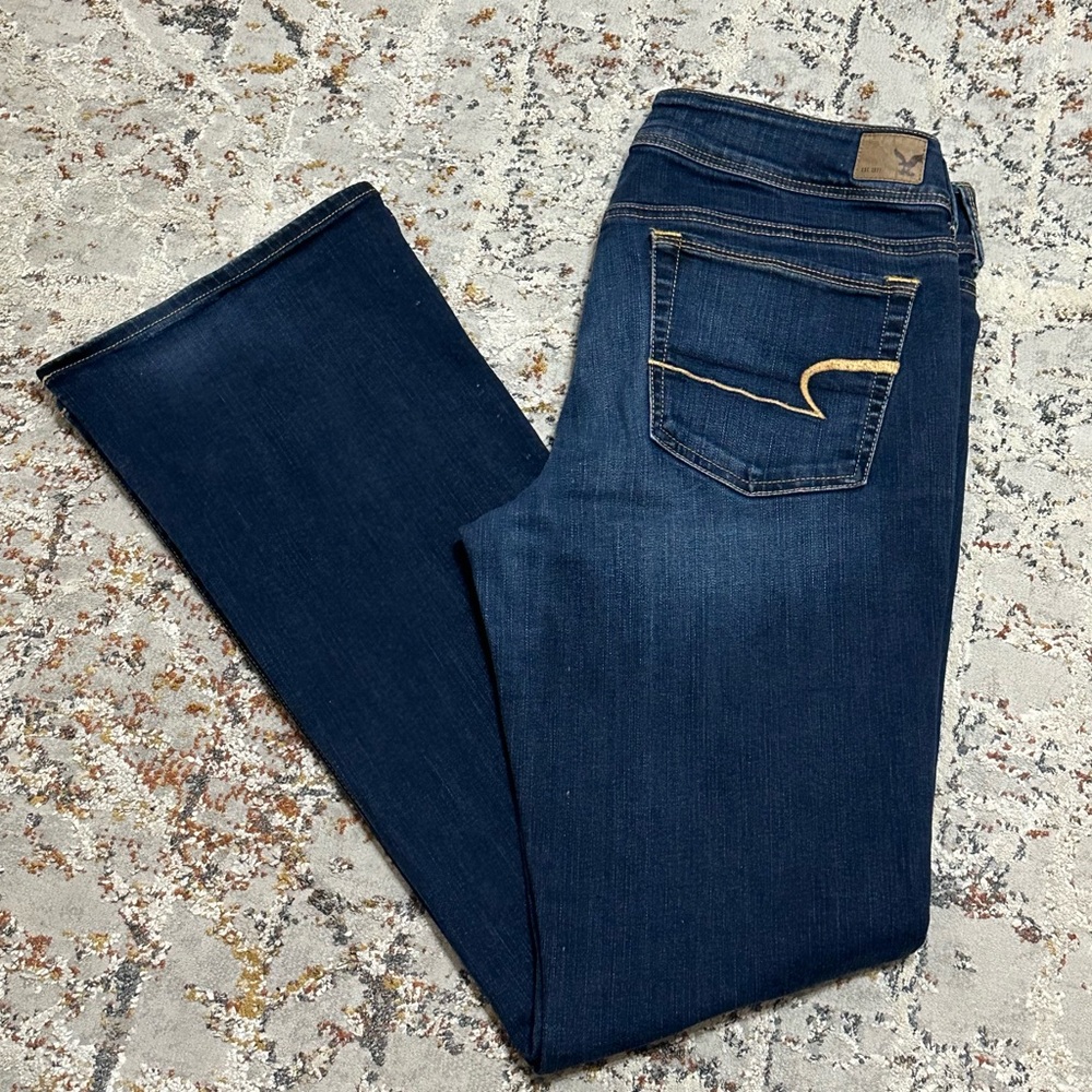 AMERICAN EAGLE mid rise kick boot jeans size 14 long bootcut dark wash